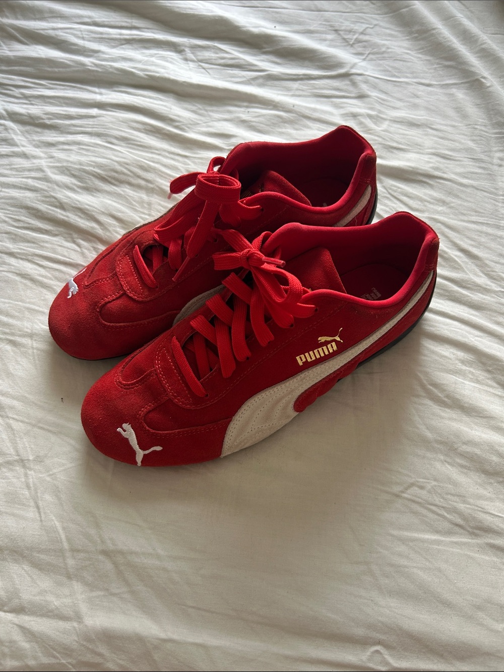 Puma Red Suede Sneakers with White Formstrip and Gold Logo